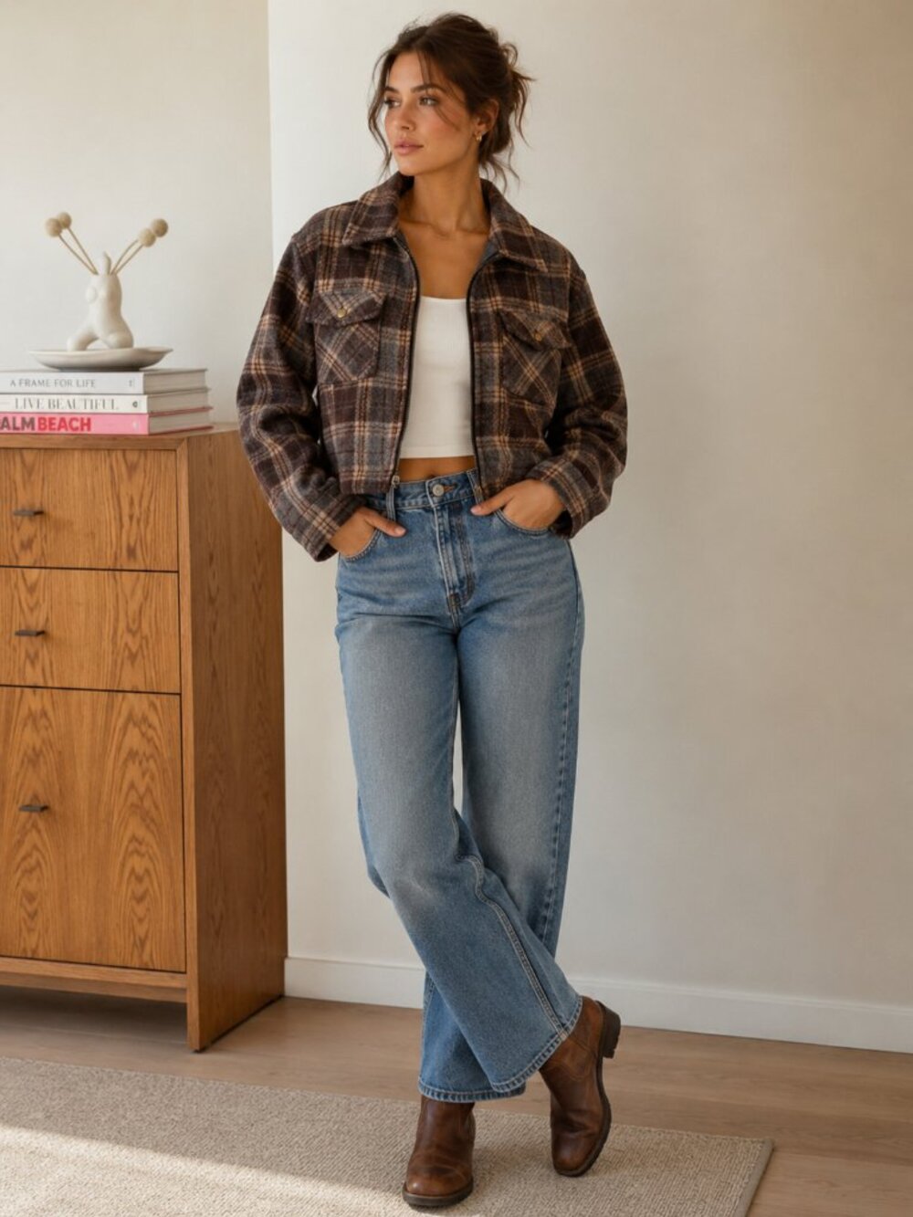 Vintage Wool Plaid Jacket Brown Cropped Utility Coat Cabin Core Grunge ✨
